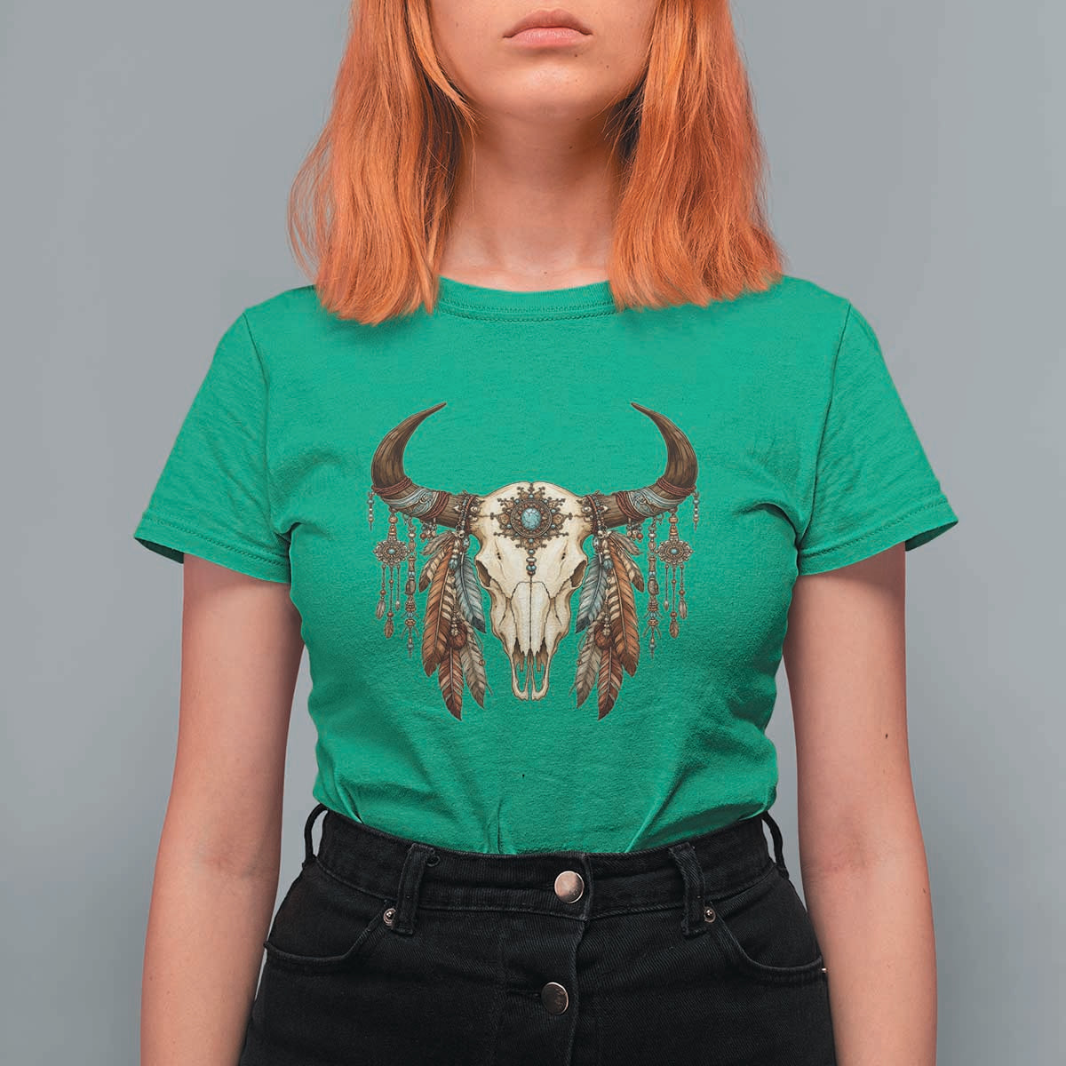 Vintage Southwestern Cow Skull T Shirt For Women Boho Feather Western Graphic