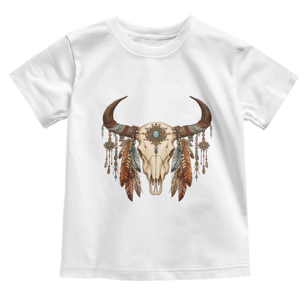 Vintage Southwestern Cow Skull Toddler T Shirt Boho Feather Western Graphic