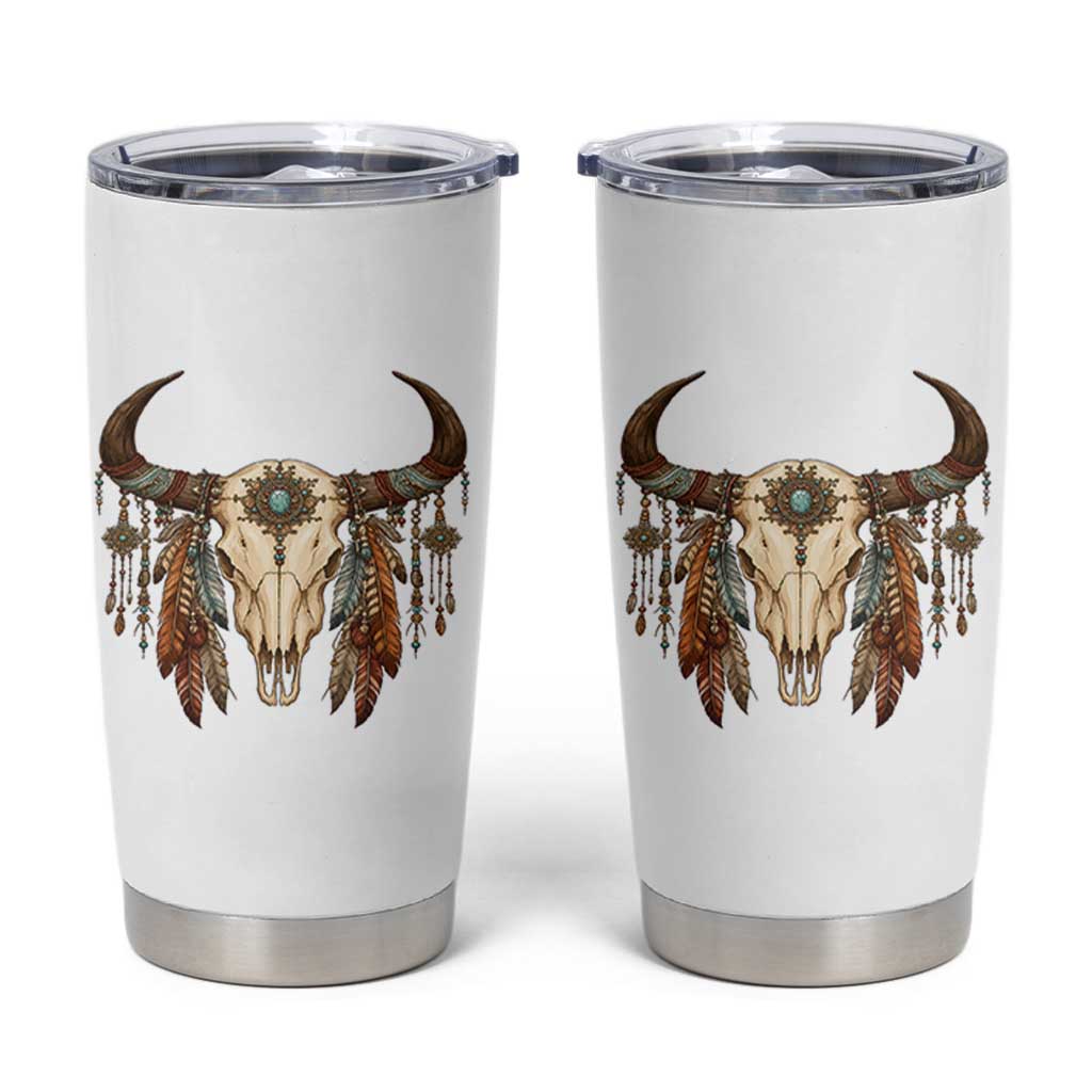 Vintage Southwestern Cow Skull Tumbler Cup Boho Feather Western Graphic