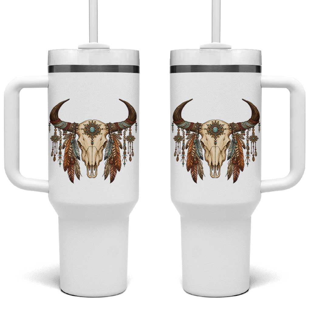 Vintage Southwestern Cow Skull Tumbler With Handle Boho Feather Western Graphic