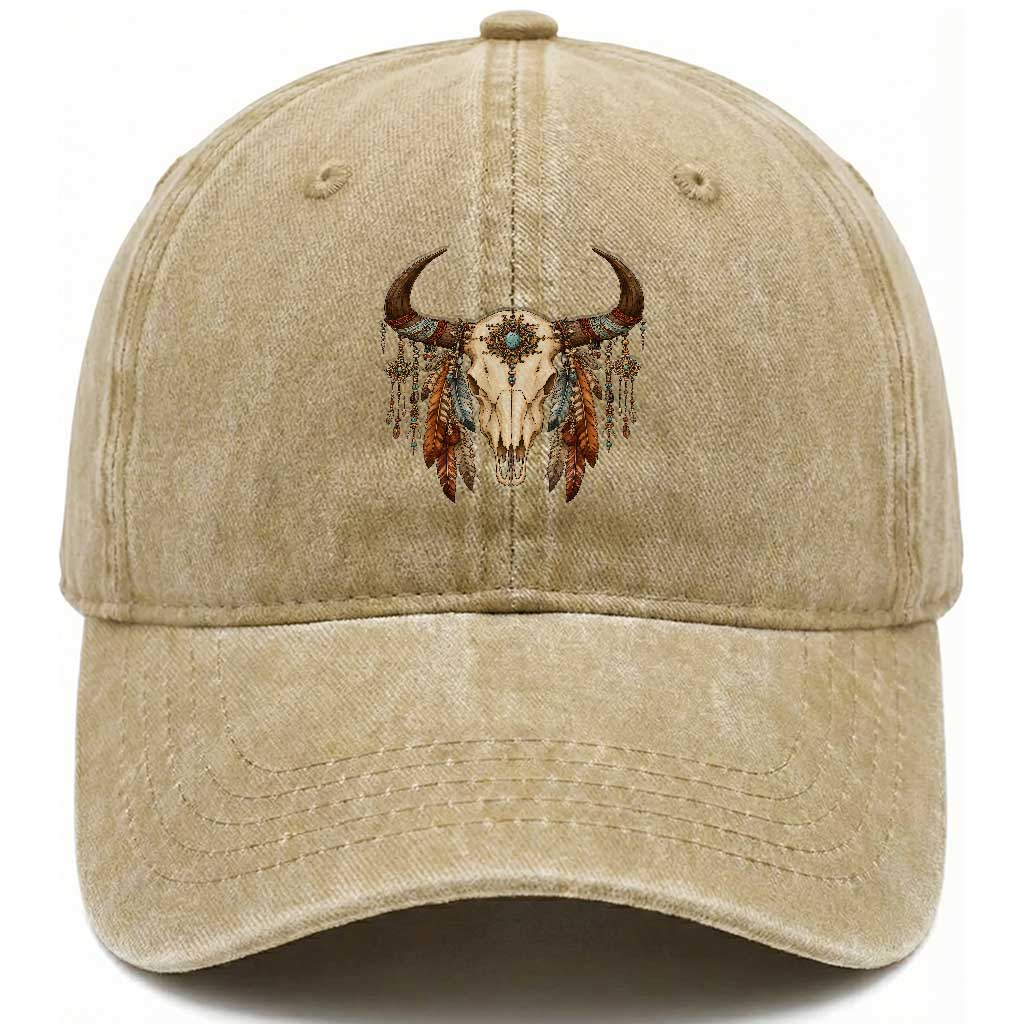 Vintage Southwestern Cow Skull Washed Cotton Baseball Cap Boho Feather Western Graphic