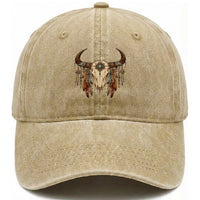 Vintage Southwestern Cow Skull Washed Cotton Baseball Cap Boho Feather Western Graphic