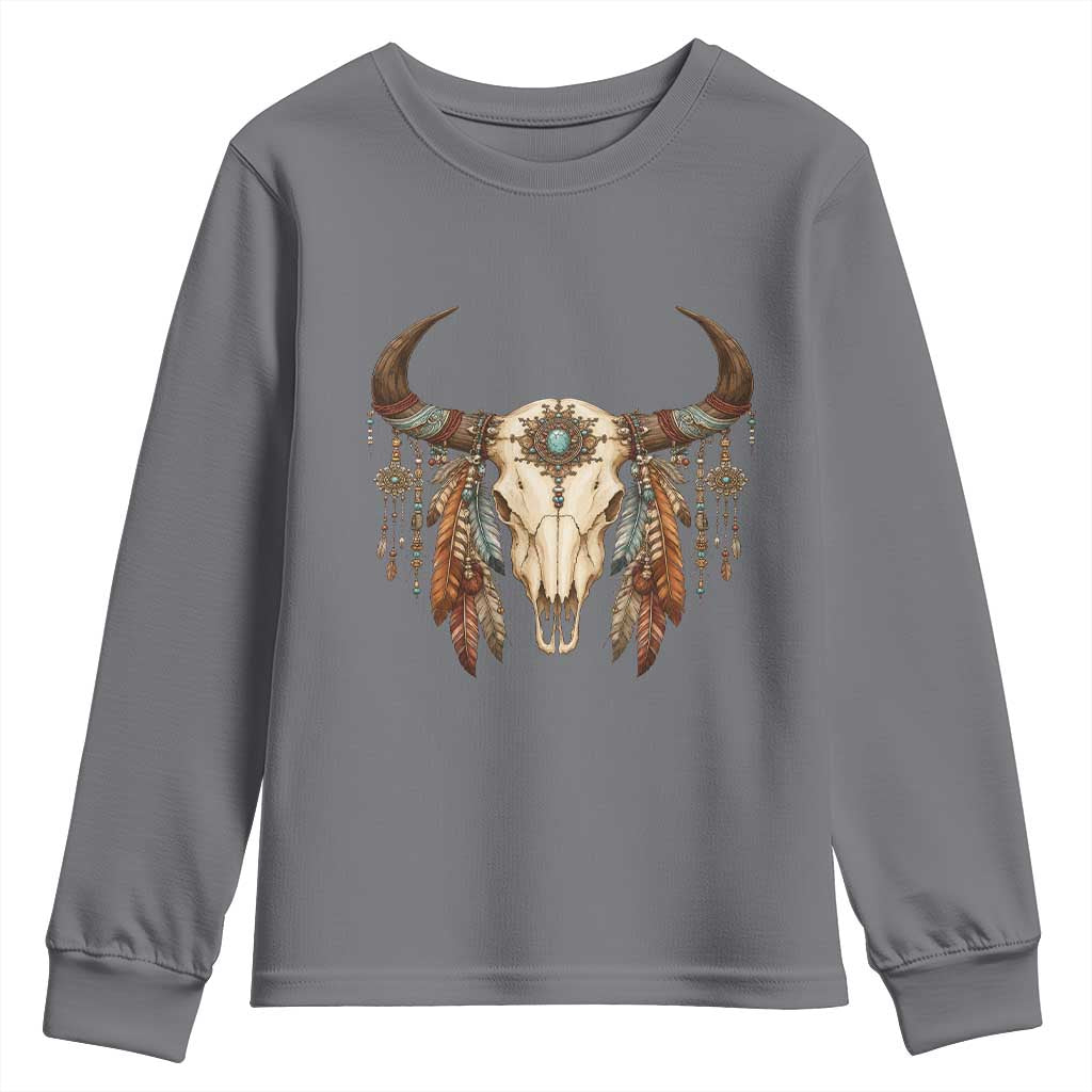 Vintage Southwestern Cow Skull Youth Sweatshirt Boho Feather Western Graphic