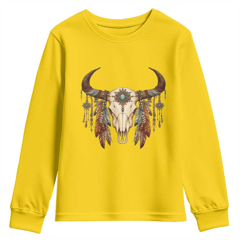 Vintage Southwestern Cow Skull Youth Sweatshirt Boho Feather Western Graphic