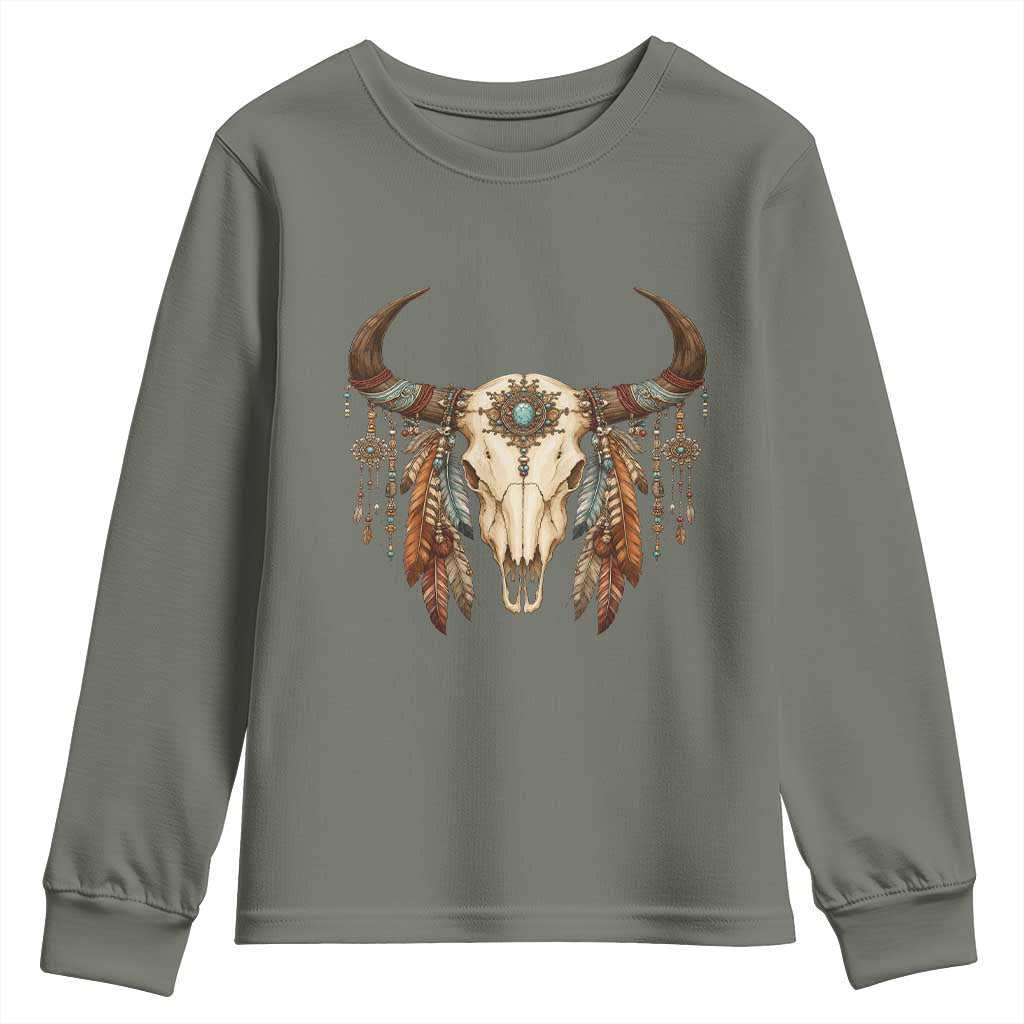 Vintage Southwestern Cow Skull Youth Sweatshirt Boho Feather Western Graphic