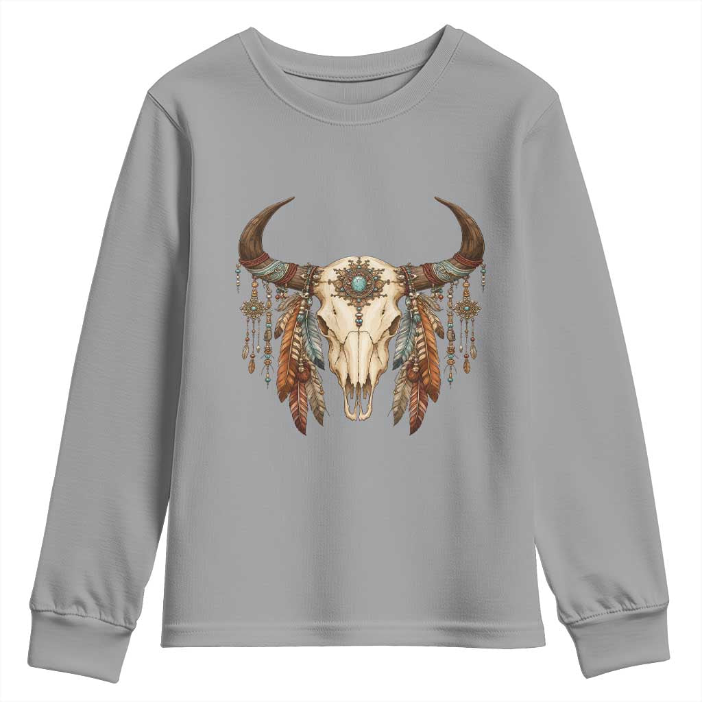 Vintage Southwestern Cow Skull Youth Sweatshirt Boho Feather Western Graphic