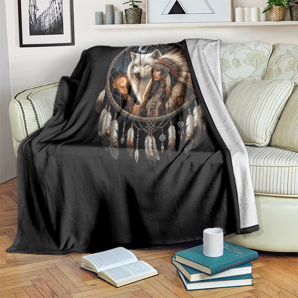 Vintage Native American Woman With White Wolf Graphic Throw Blanket