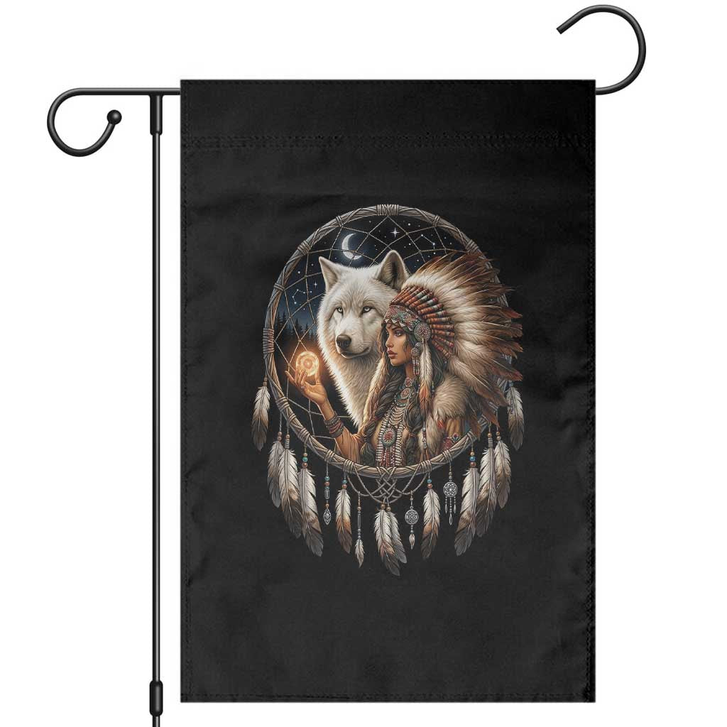 Vintage Native American Woman With White Wolf Graphic Garden Flag