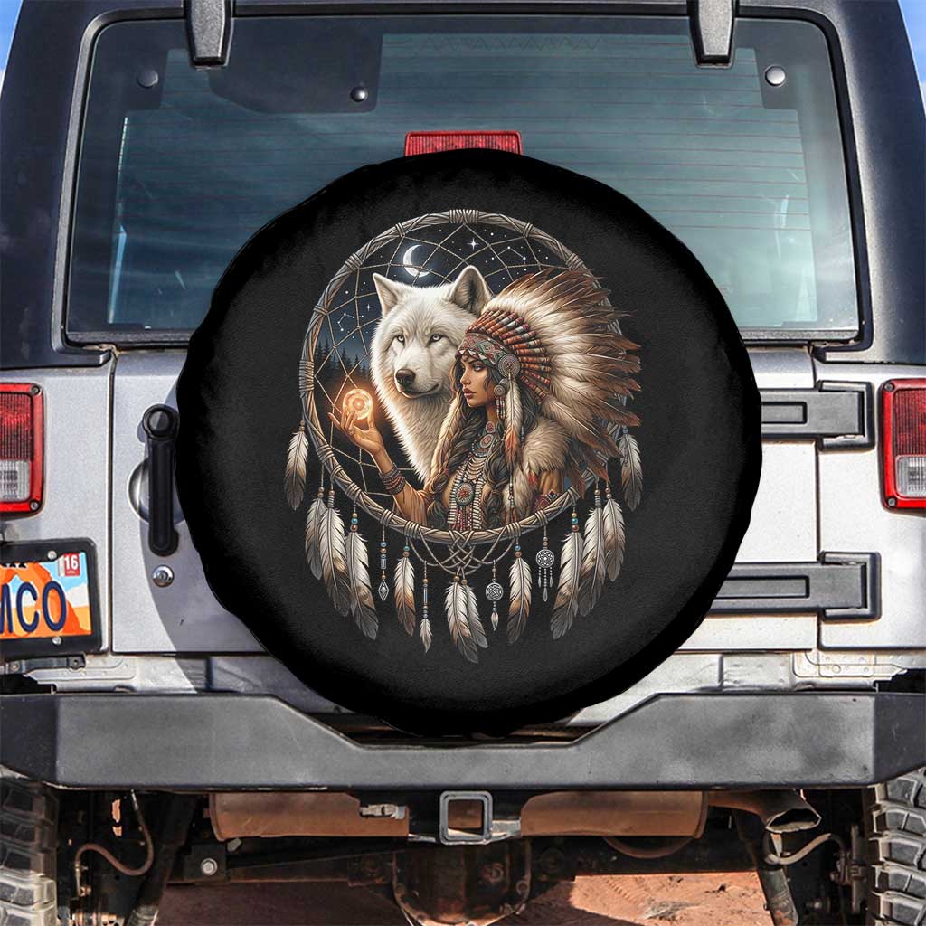 Vintage Native American Woman With White Wolf Graphic Spare Tire Cover