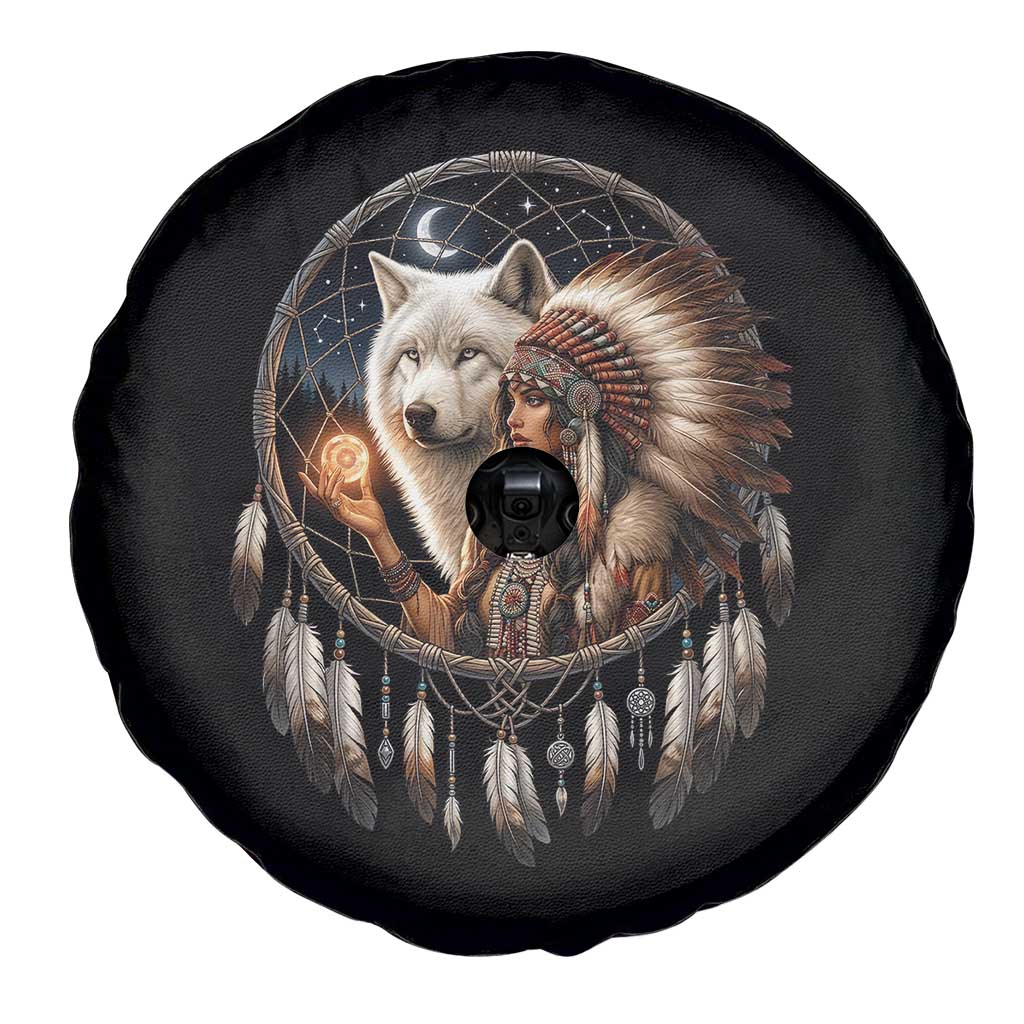 Vintage Native American Woman With White Wolf Graphic Spare Tire Cover
