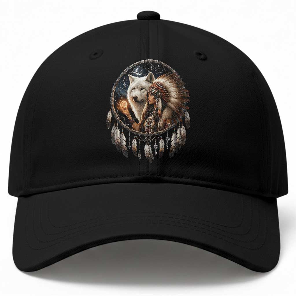 Vintage Native American Woman With White Wolf Graphic Baseball Cap