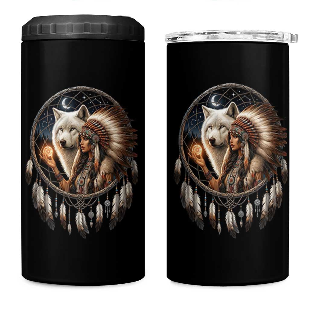 Vintage Native American Woman With White Wolf Graphic 4 in 1 Can Cooler Tumbler
