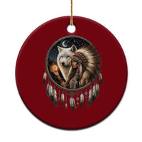 Vintage Native American Woman With White Wolf Graphic Ceramic Ornament