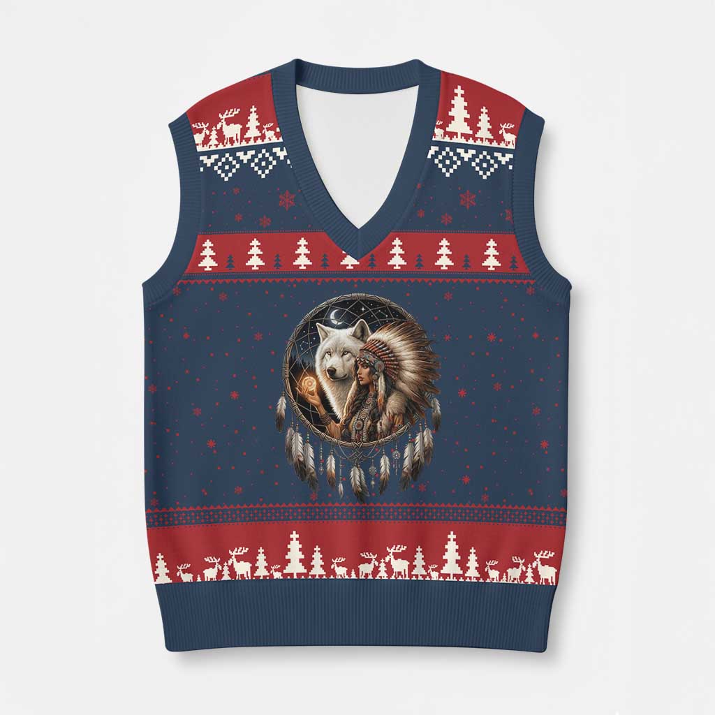 Vintage Native American Woman With White Wolf Graphic V-Neck Knit Sweater Vest