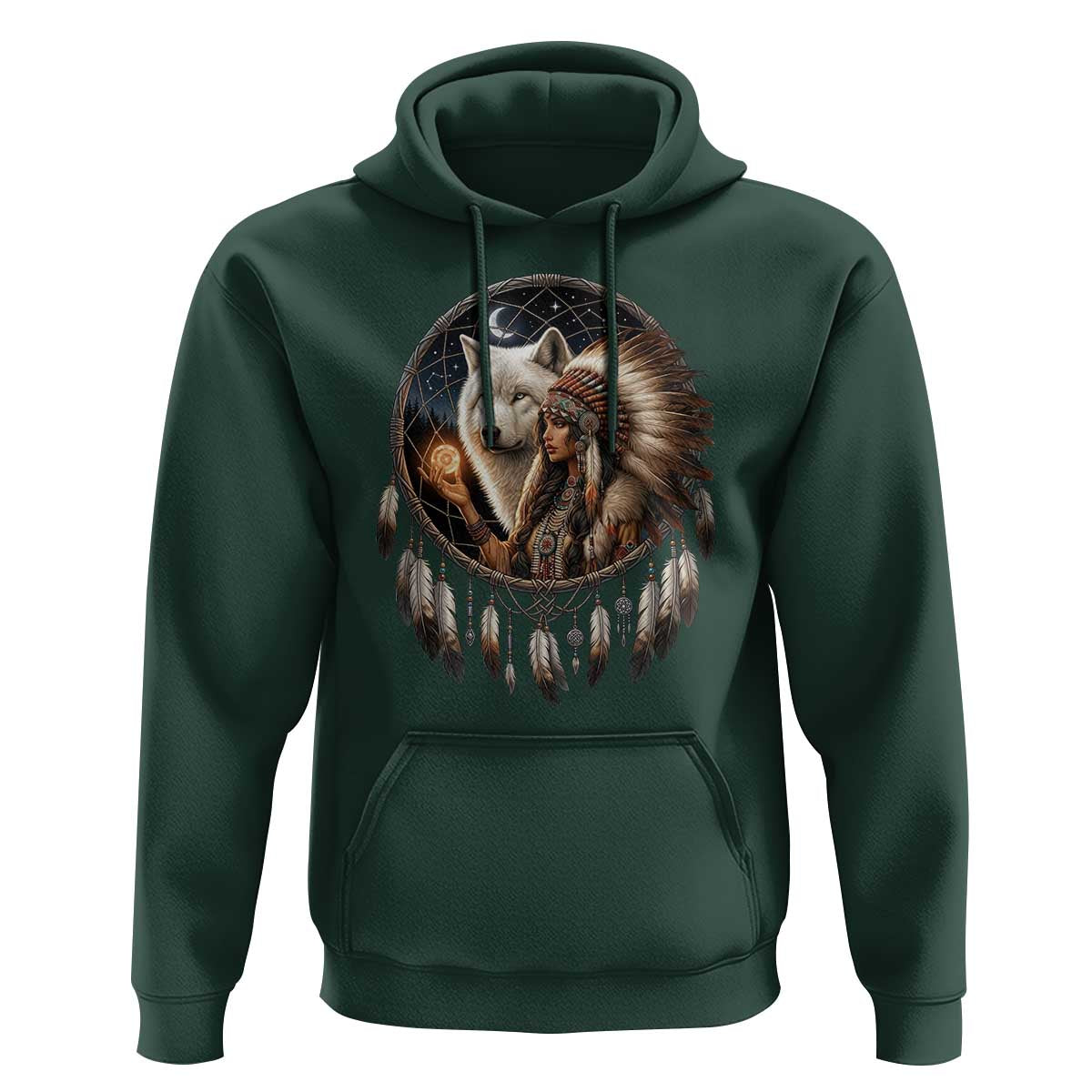 Vintage Native American Woman With White Wolf Graphic Hoodie