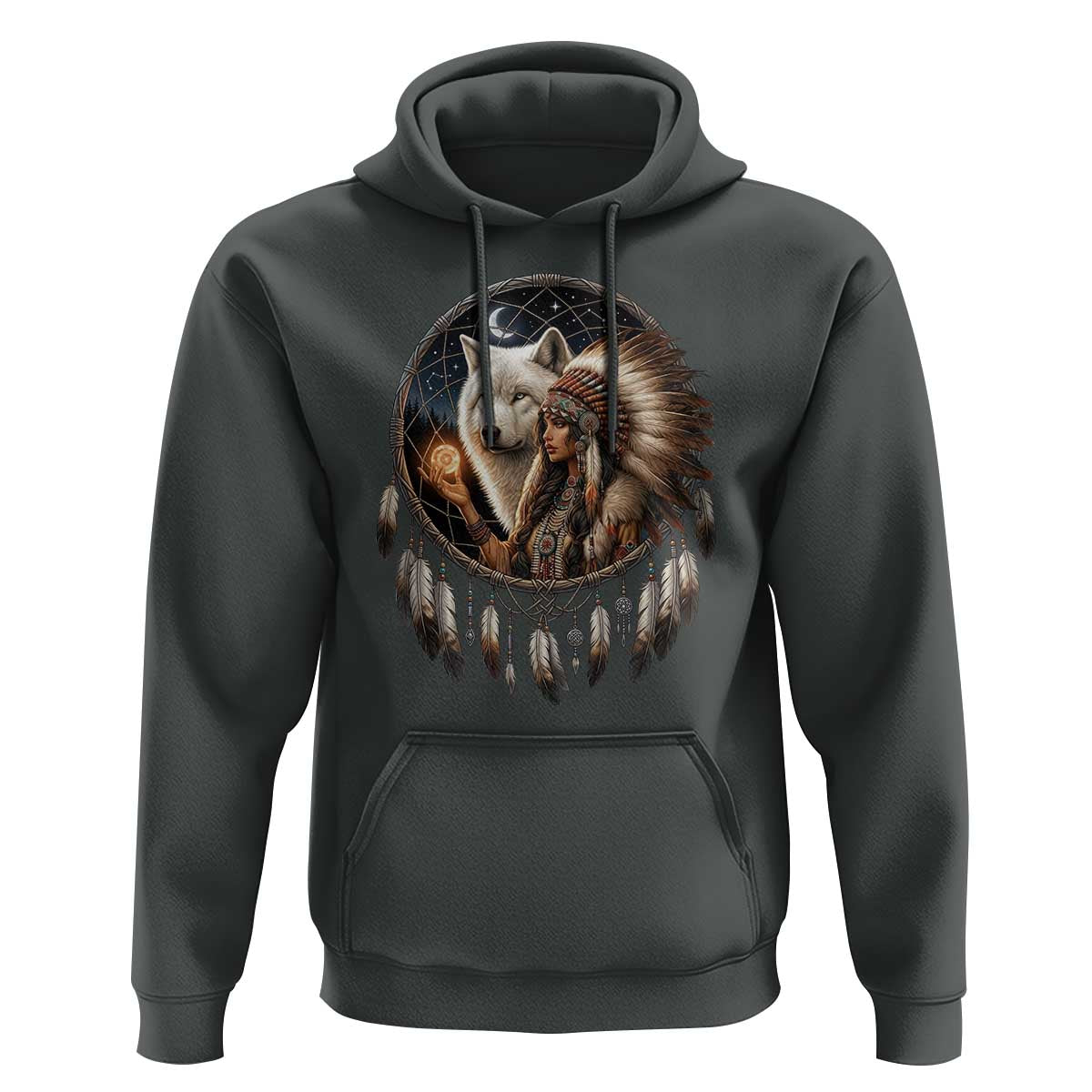 Vintage Native American Woman With White Wolf Graphic Hoodie