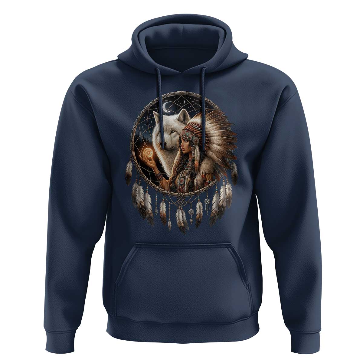 Vintage Native American Woman With White Wolf Graphic Hoodie