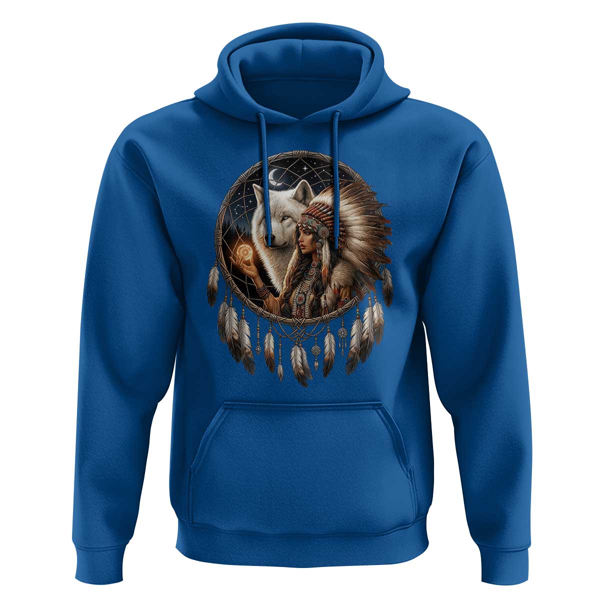 Vintage Native American Woman With White Wolf Graphic Hoodie