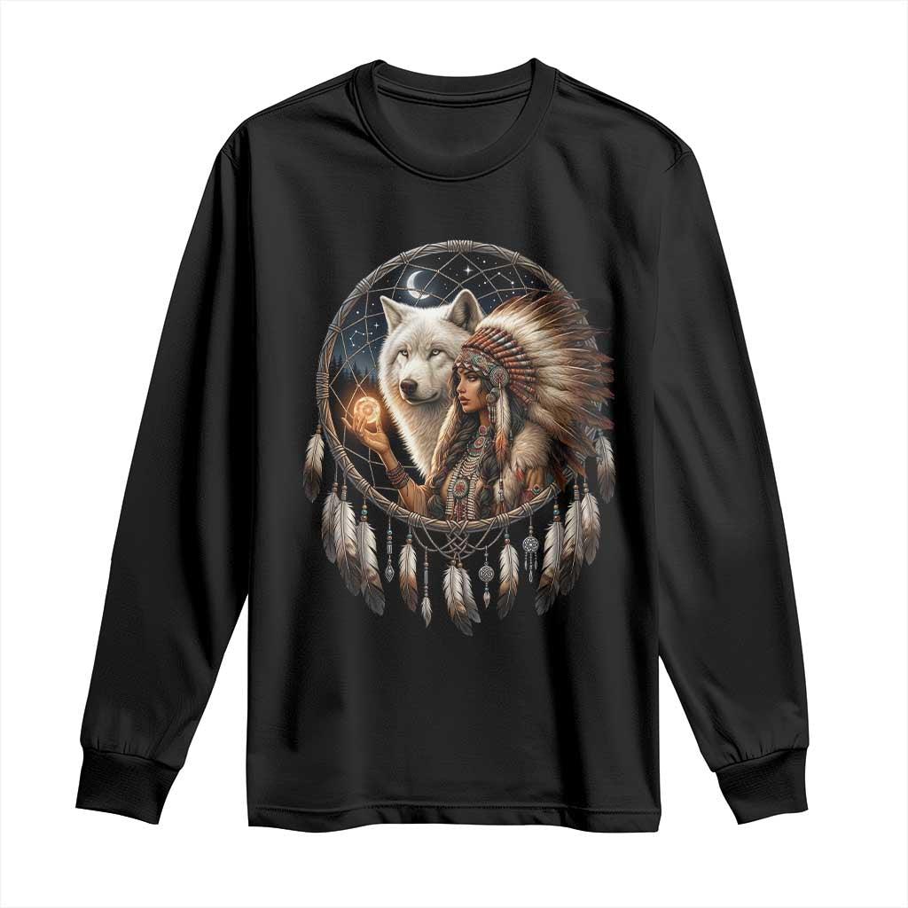 Vintage Native American Woman With White Wolf Graphic Long Sleeve Shirt