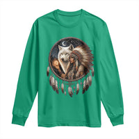 Vintage Native American Woman With White Wolf Graphic Long Sleeve Shirt