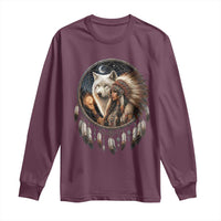 Vintage Native American Woman With White Wolf Graphic Long Sleeve Shirt