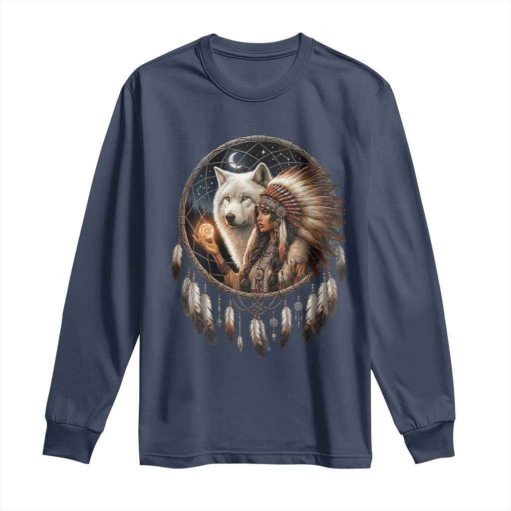 Vintage Native American Woman With White Wolf Graphic Long Sleeve Shirt