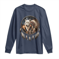 Vintage Native American Woman With White Wolf Graphic Long Sleeve Shirt