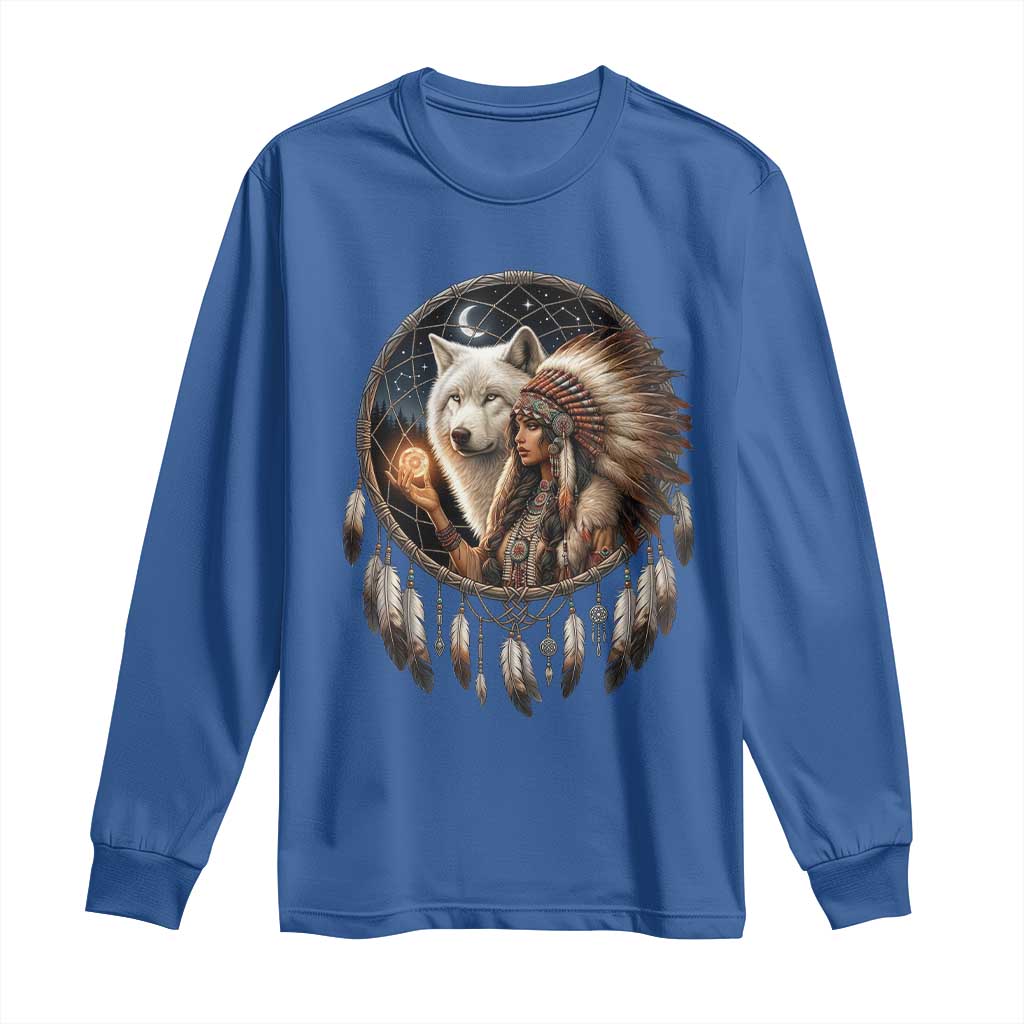 Vintage Native American Woman With White Wolf Graphic Long Sleeve Shirt