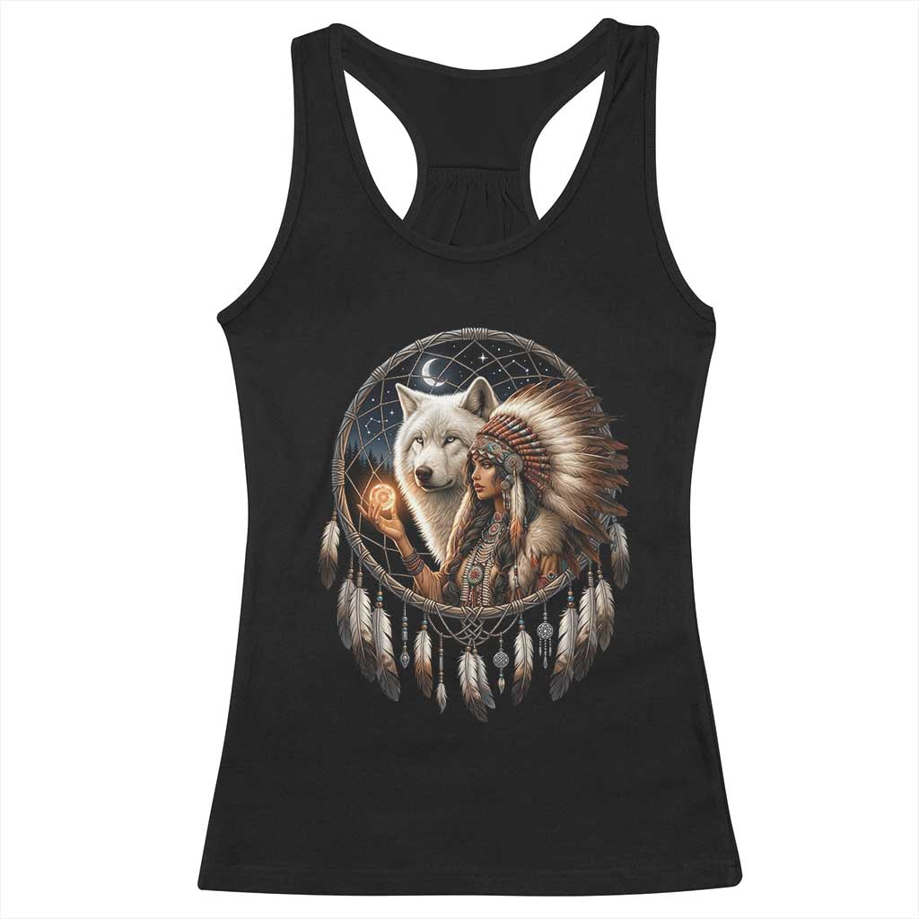 Vintage Native American Woman With White Wolf Graphic Racerback Tank Top