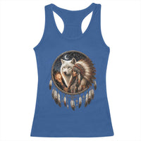 Vintage Native American Woman With White Wolf Graphic Racerback Tank Top