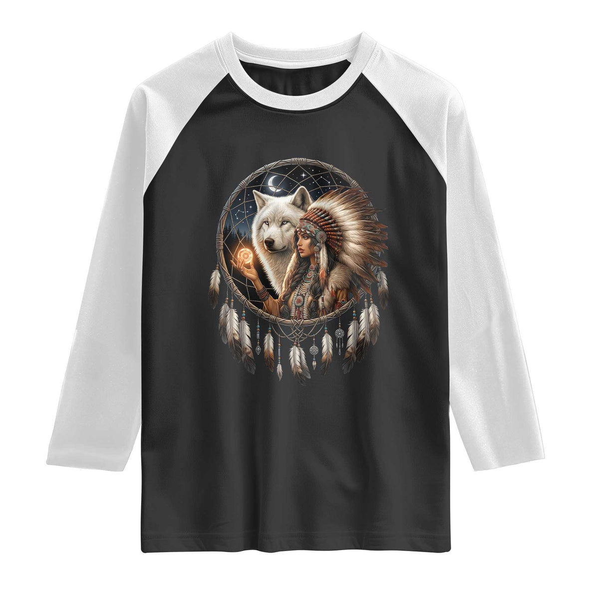 Vintage Native American Woman With White Wolf Graphic Raglan Shirt