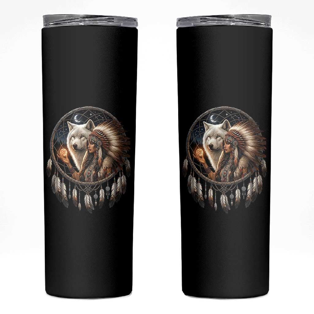 Vintage Native American Woman With White Wolf Graphic Skinny Tumbler