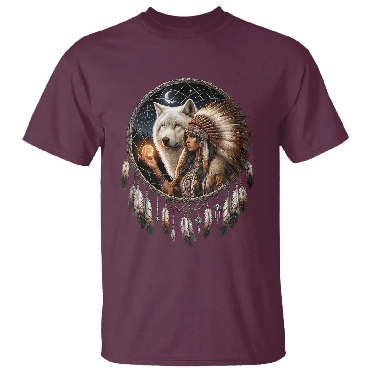 Vintage Native American Woman With White Wolf Graphic T Shirt