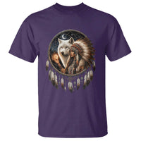 Vintage Native American Woman With White Wolf Graphic T Shirt