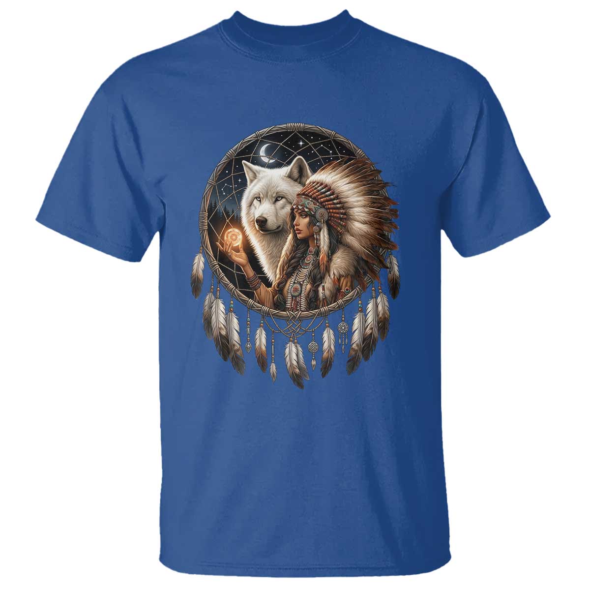 Vintage Native American Woman With White Wolf Graphic T Shirt
