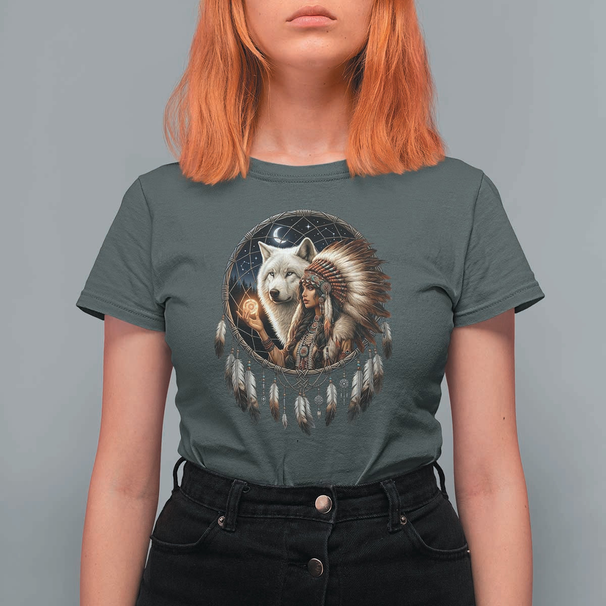 Vintage Native American Woman With White Wolf Graphic T Shirt For Women