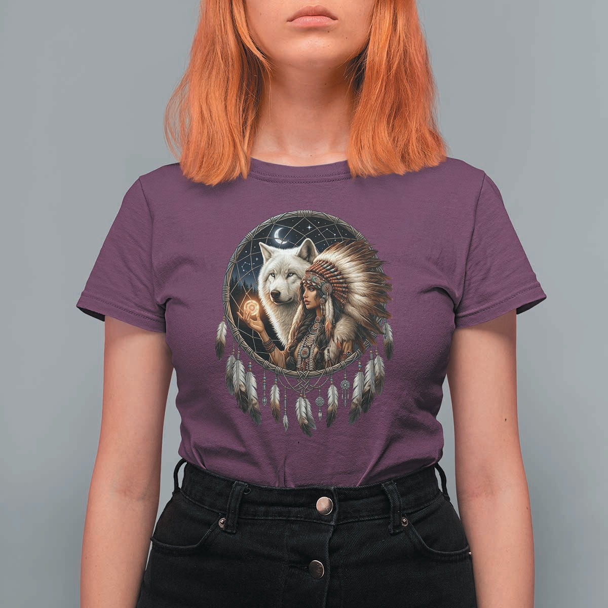 Vintage Native American Woman With White Wolf Graphic T Shirt For Women