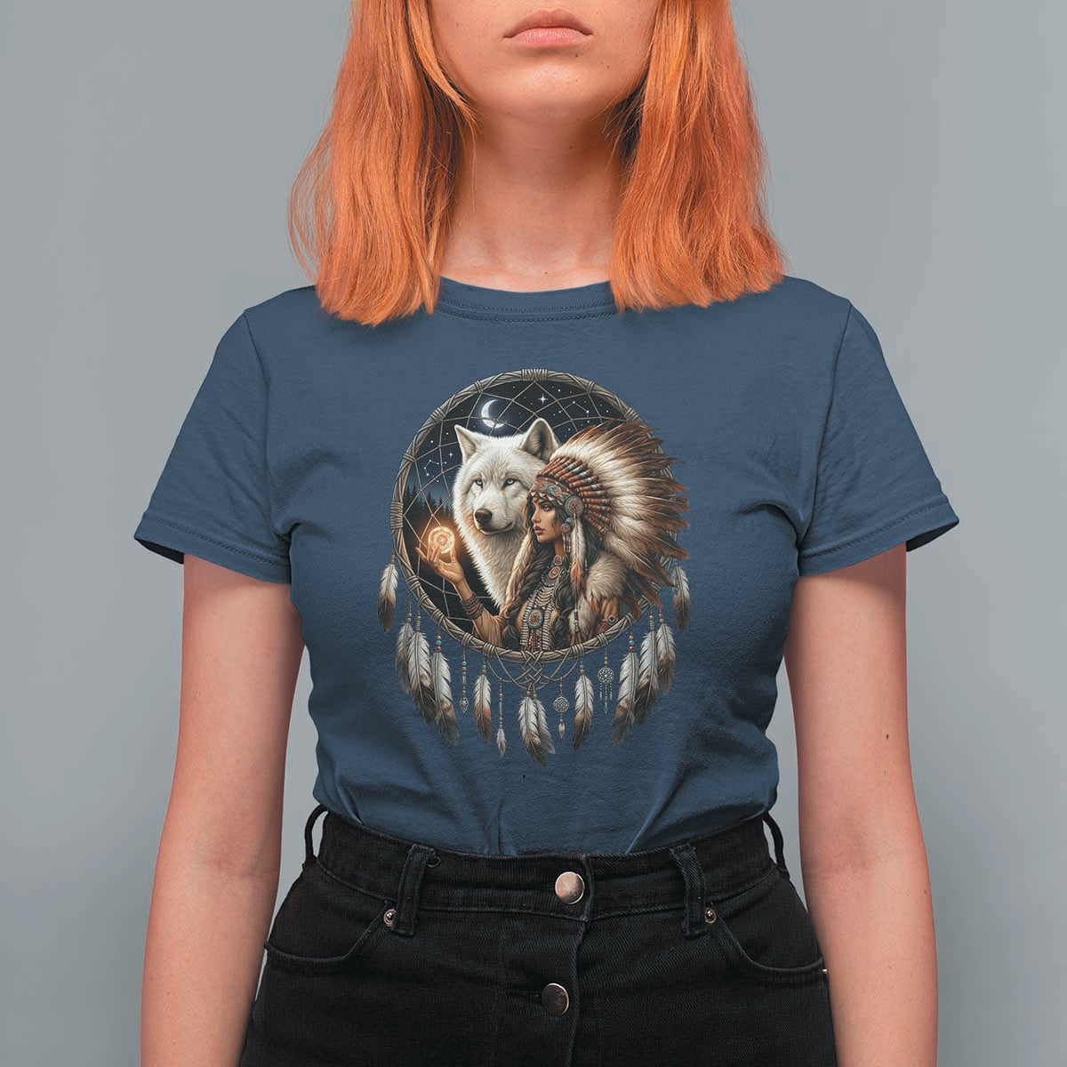 Vintage Native American Woman With White Wolf Graphic T Shirt For Women