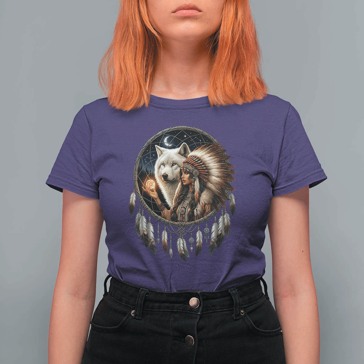 Vintage Native American Woman With White Wolf Graphic T Shirt For Women