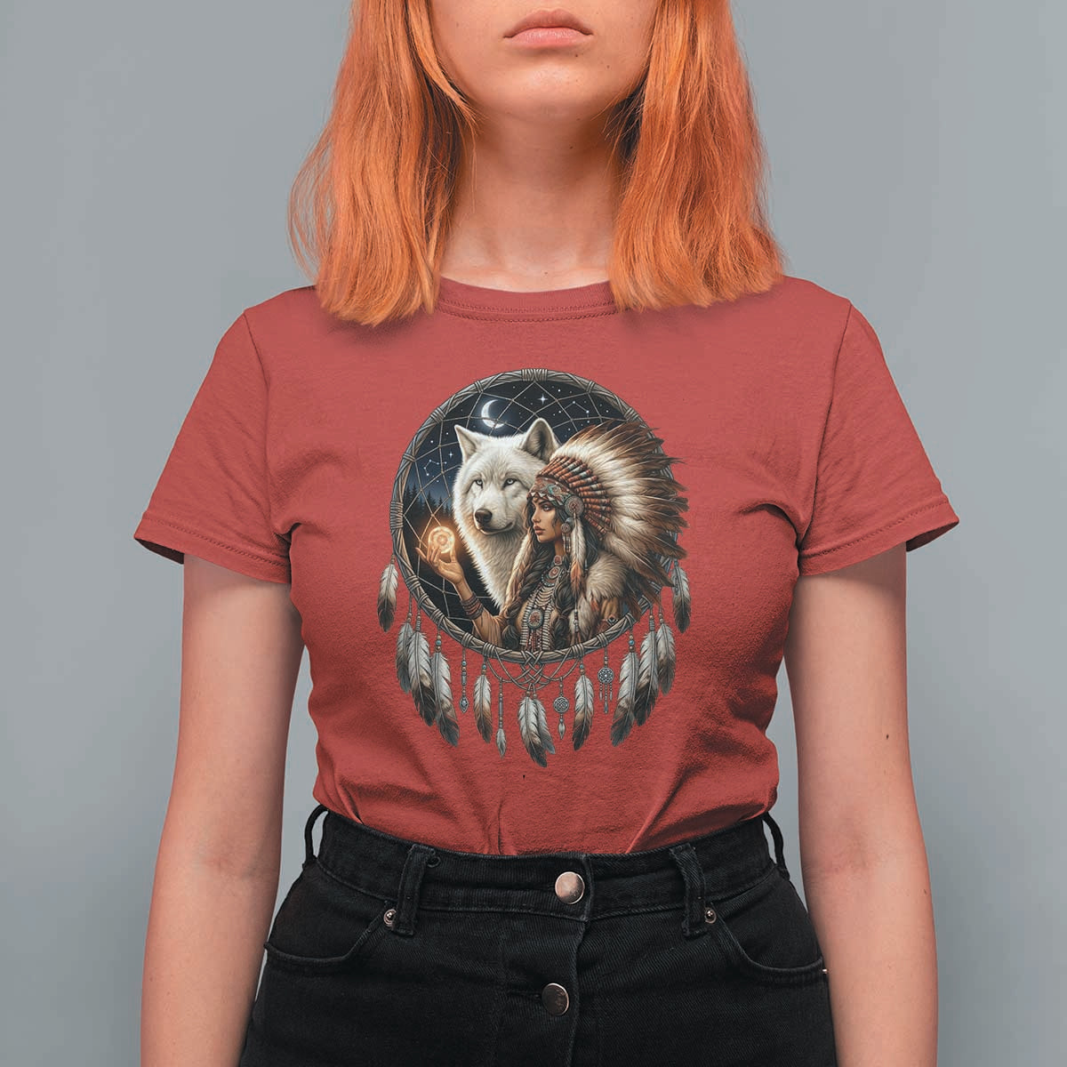 Vintage Native American Woman With White Wolf Graphic T Shirt For Women