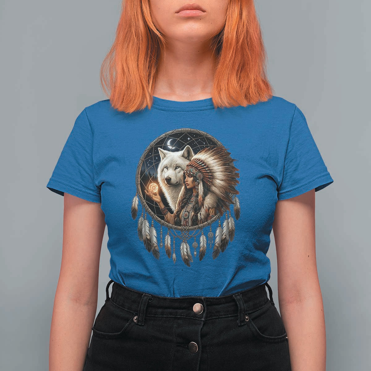 Vintage Native American Woman With White Wolf Graphic T Shirt For Women