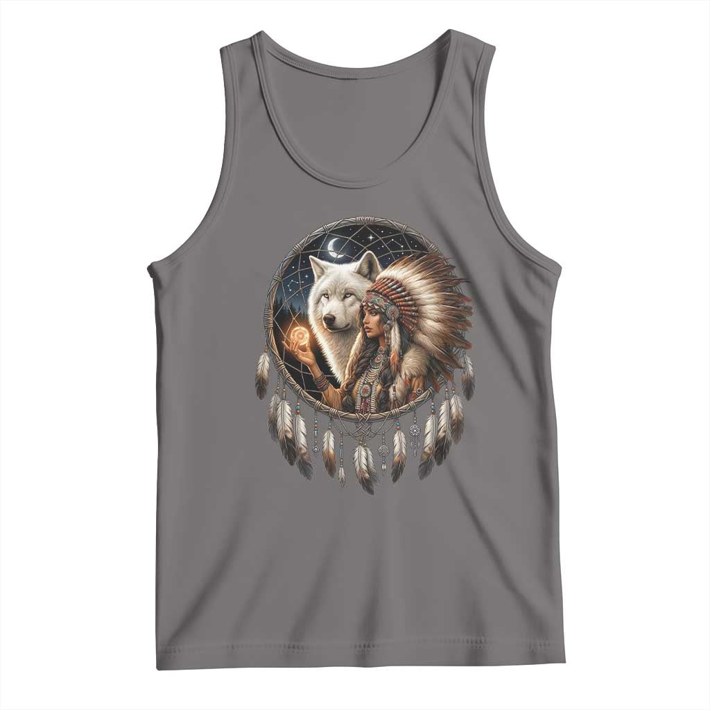 Vintage Native American Woman With White Wolf Graphic Tank Top