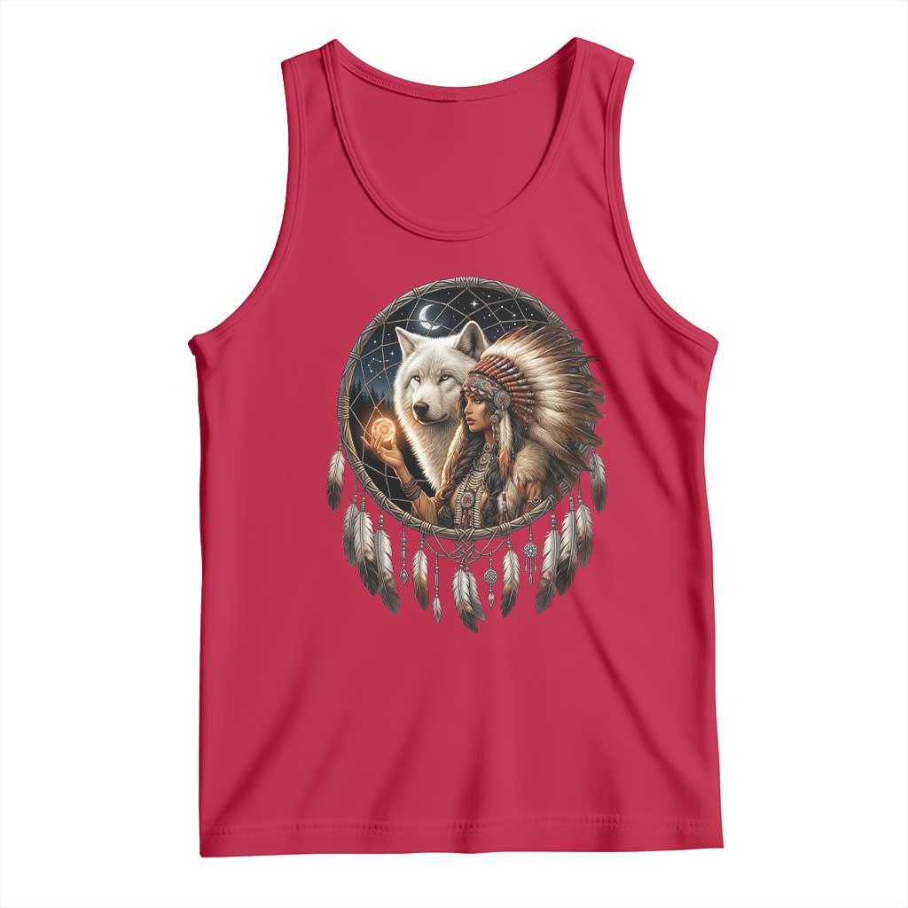 Vintage Native American Woman With White Wolf Graphic Tank Top