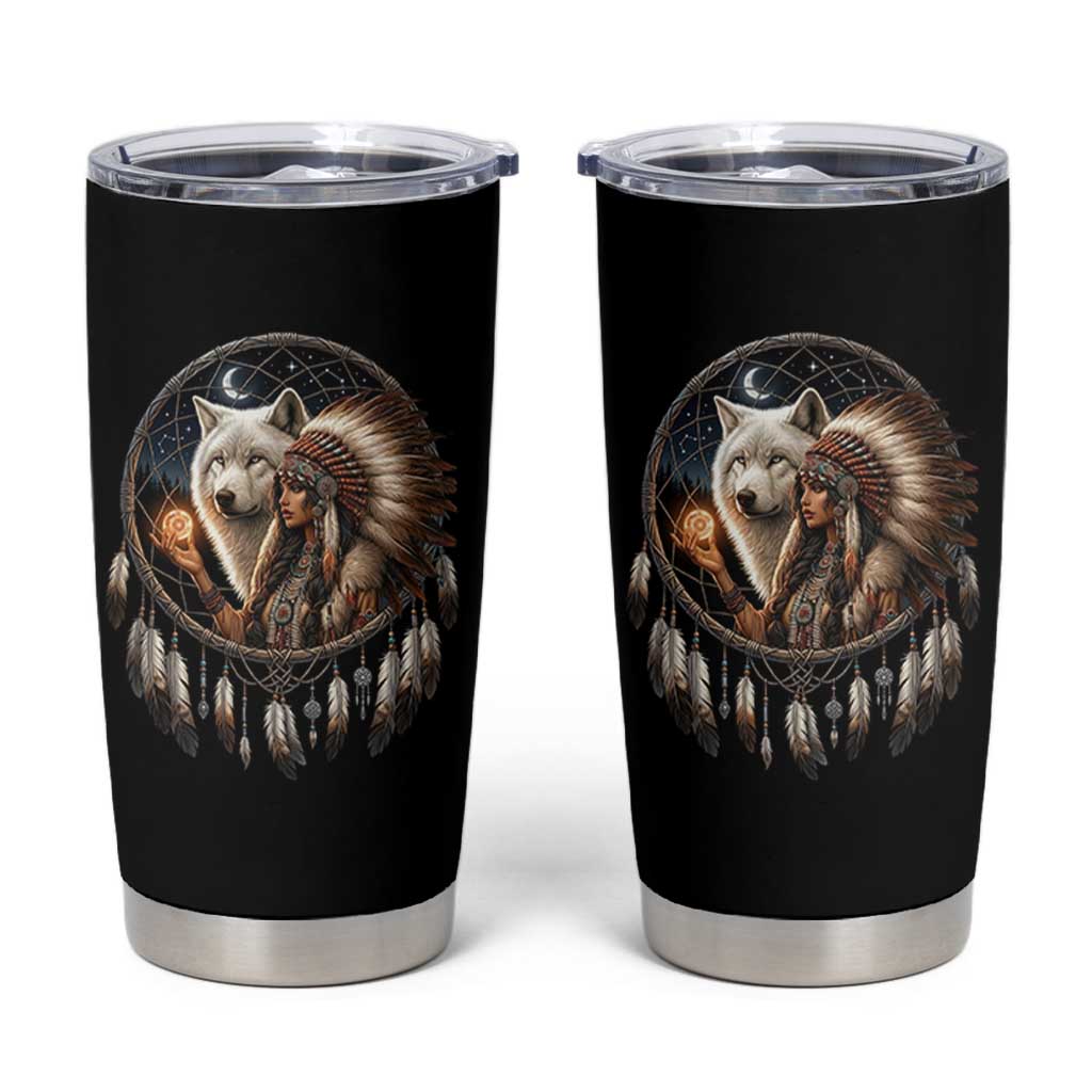 Vintage Native American Woman With White Wolf Graphic Tumbler Cup