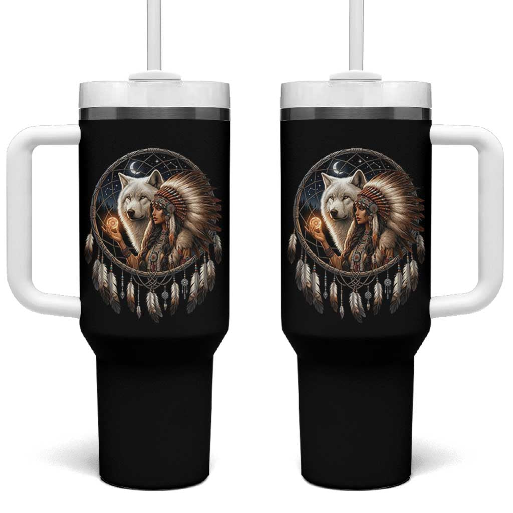 Vintage Native American Woman With White Wolf Graphic Tumbler With Handle