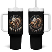 Vintage Native American Woman With White Wolf Graphic Tumbler With Handle