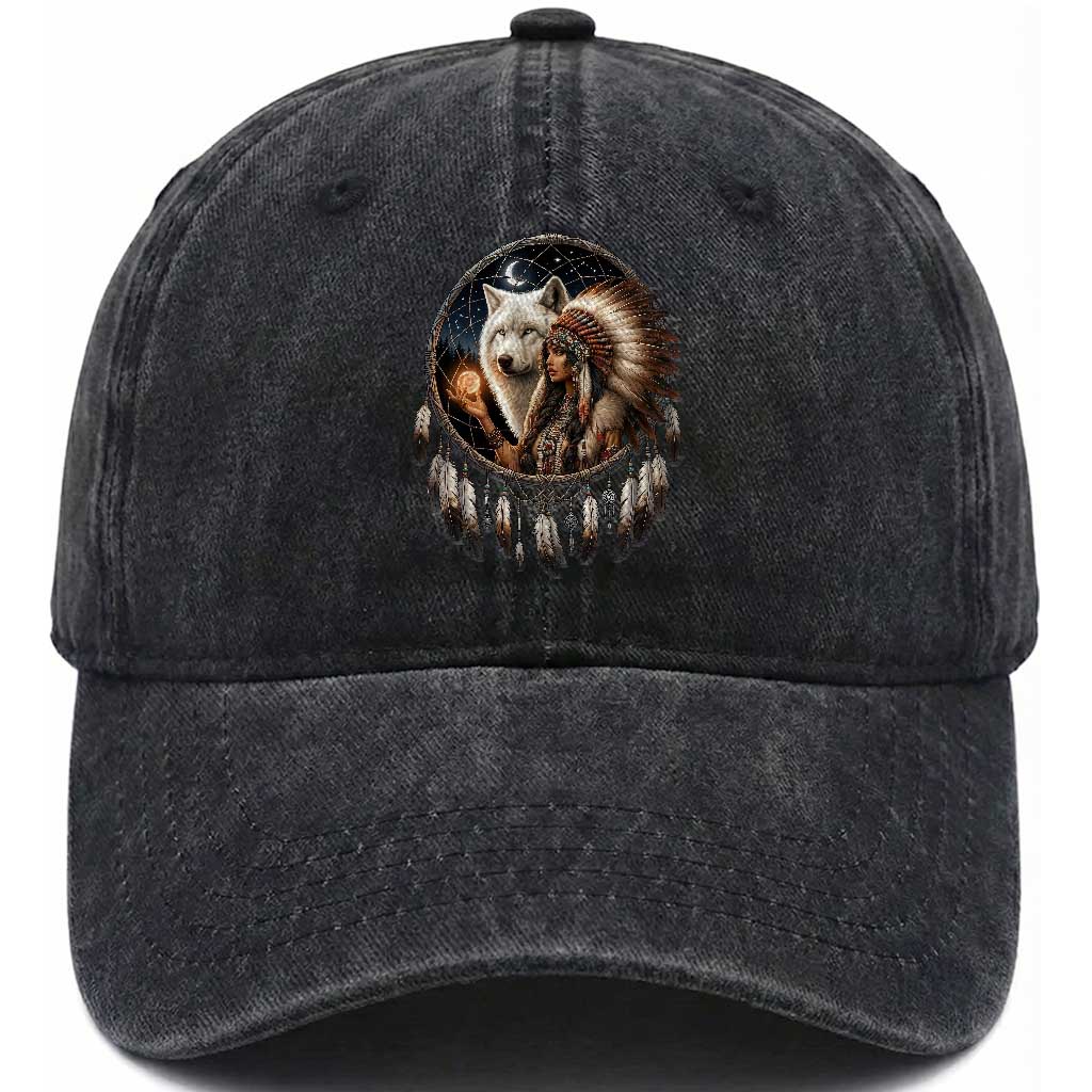 Vintage Native American Woman With White Wolf Graphic Washed Cotton Baseball Cap