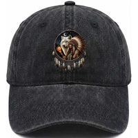 Vintage Native American Woman With White Wolf Graphic Washed Cotton Baseball Cap