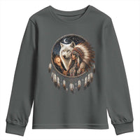 Vintage Native American Woman With White Wolf Graphic Youth Sweatshirt