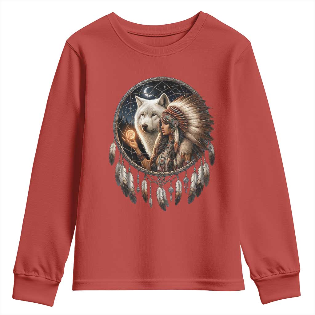 Vintage Native American Woman With White Wolf Graphic Youth Sweatshirt